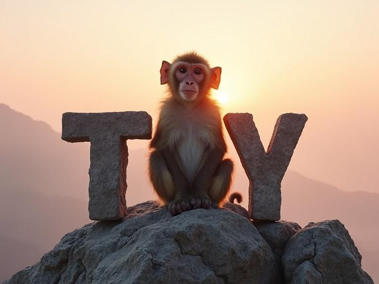 Wide-angle shot of calm monkey sitting on weathered rock letters. Letters spell 'TOY KIDS' vertically. Scene at misty mountain peak during sunrise. Warm light highlights monkey's brown fur. Soft gradient pink and orange sky in background. Camera zooms in, capturing peaceful expression and rock details. Ethereal light enhances spiritual atmosphere.