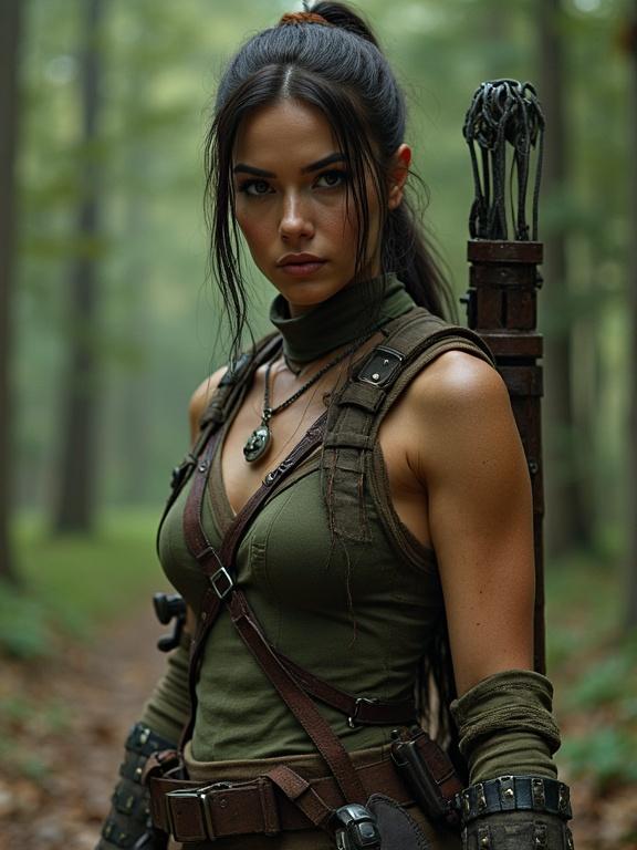 Woman dressed in a Lara Croft inspired outfit. Strong expression portrays confidence. Background features a misty forest pathway.