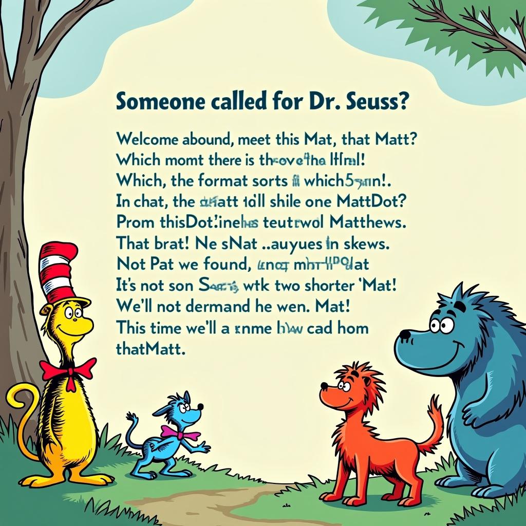 Cartoon style with vibrant colors inspired by Dr. Seuss. Characters include animals in a whimsical landscape. A playful poem about different characters named Matt is included in the image.