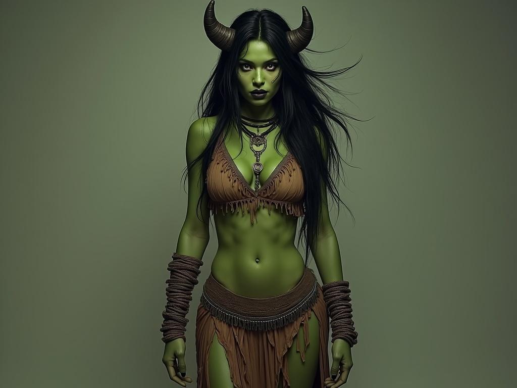 A green-skinned orc woman wearing sheer clothing. She has Native American features with long dark hair. Prominent fangs and muscular physique. The setting is neutral, enhancing her features.