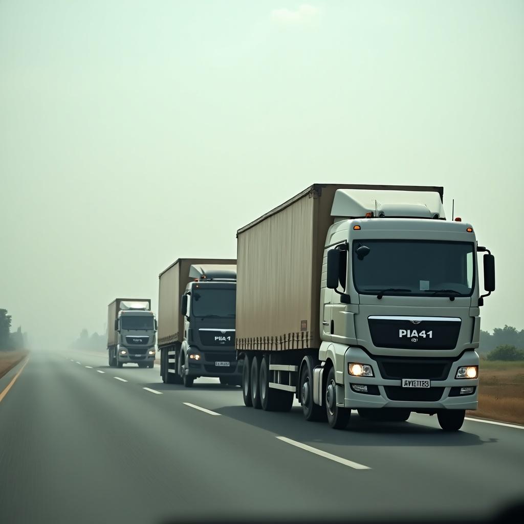 The image features a convoy of four trucks driving along the Lagos-Ibadan expressway in Nigeria. The trucks are lined up and appear to be emitting greenhouse gases into the atmosphere. The road is straight and stretches into the distance, surrounded by a hazy atmosphere. The lighting is overcast, giving a subdued appearance. This setting is typical for transportation routes in Nigeria, highlighting both logistics and environmental concerns.