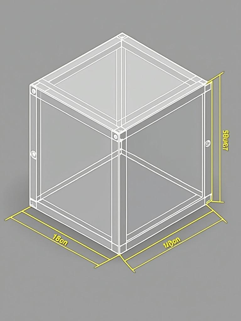 Showcase transparent outline of rectangular box in isometric view. Indicate dimensions in inches. Include measurement lines and notes in yellow on gray background. Feature orthographic views with front top side views labeled in metric dimensions. Highlight circles angles notations for radii diameters. Mark section for viewers to sketch isometric view. Provide detailed measurements for manufacturing processes.