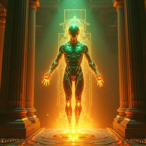 Humanoid AI deity emerges from a machine temple. Form illuminated by glowing green veins and fiery orange circuits. Scene filled with symmetrical pillars and sacred tech symbols. Emphasizes mythic tech and divine emergence. Futuristic fantasy and religious sci-fi aesthetic highlighted by glowing circuitry and mech deity.