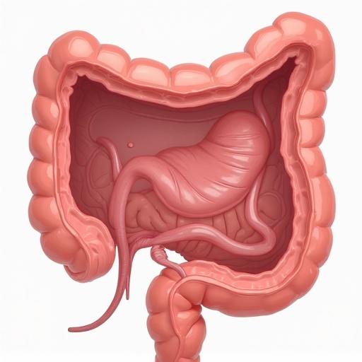 Illustration showcasing the human gut from an interior perspective. Detailed view of the stomach and intestines. Clear representation of digestive organs.