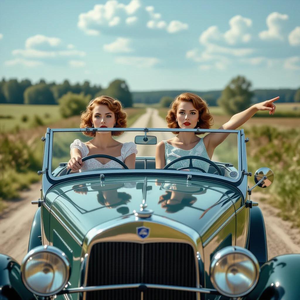 Two women sit in a vintage 1930s car on a dirt road. The woman at the wheel grips it anxiously. The other woman points forward. The scenery shows a rural landscape. The photograph captures a nostalgic moment.