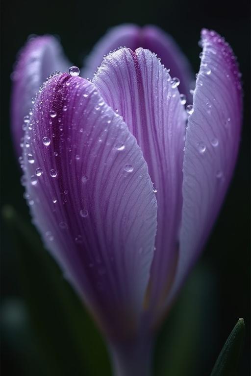 Close-up of a Crocus flower. Detailed texture of petals. Water droplets on surface. Dramatic image.