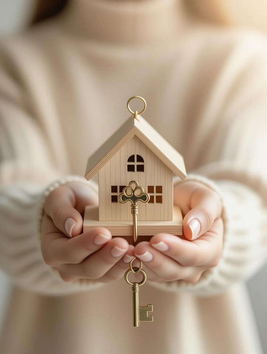Hands hold a small house model and a key. Represents ownership and empowerment. Soft natural lighting, photorealistic detail. Warm tones. Professional still life.