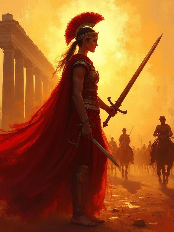 A silhouette of a warrior stands fiercely upon a battlefield. The warrior clutches a sword and is draped in a flowing red cape. The background features fading Roman columns and hints of motion from other warriors. The scene is bathed in warm gold hues that evoke a sense of battle. The artwork employs deep sienna and vermilion with impressionistic touches. The armor sparkles subtly through shifting colors. Torches flicker like captured sunlight within the figure's shadow. Overall, the atmosphere embodies the essence of ancient conflict.