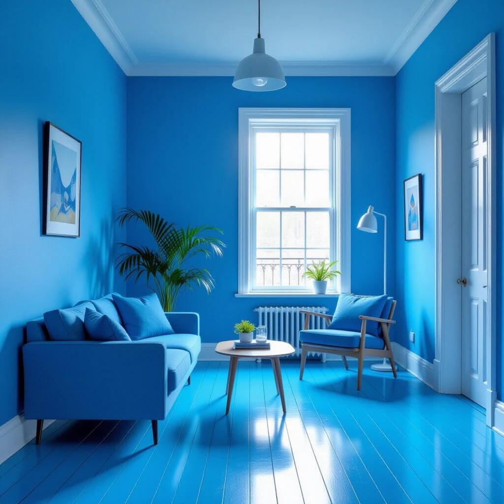 A room with blue walls and blue flooring. A blue sofa and armchair are in the center. A small round table sits beside them. A window allows natural light. A green plant is in the room. Art hangs on the walls.