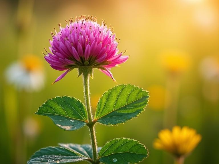 Close-up of Red Clover in sunlit meadow. Low-growing cluster of trifoliate leaves with pale crescent. Rounded heads of magenta flowers with yellow stamens. Background has swaying grasses, goldenrod, daisies under soft golden light. Dewdrops on petals and leaves.