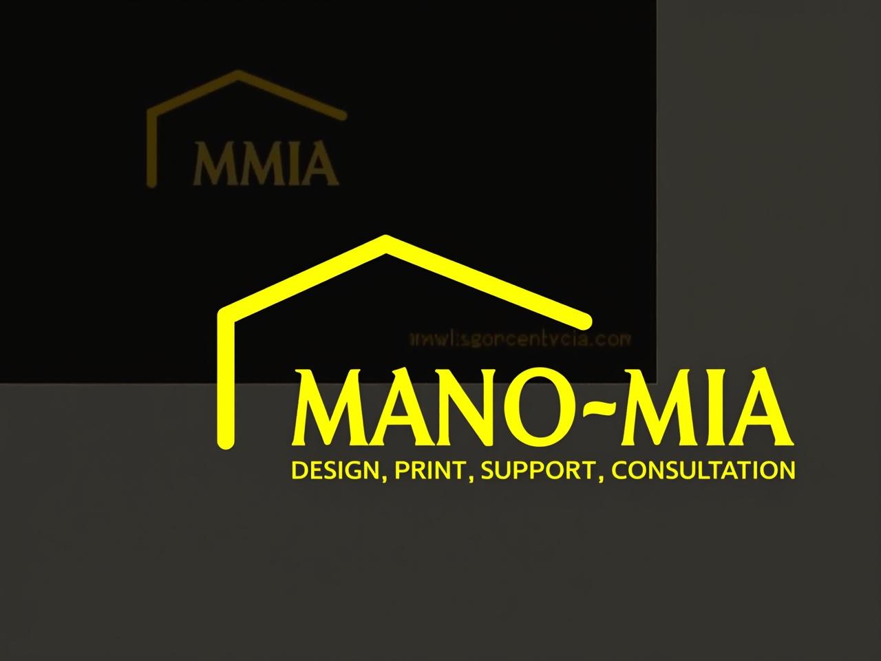 The image showcases a logo design for a company named 'MANO-MIA'. It combines modern graphic elements with a simple roof outline above the company name. The letters 'M' and 'O' are emphasized, using a bold and clean font. Below the company name, there is text indicating their services: "design, print, support, consultation". The color scheme features bright yellow and black, which creates a striking contrast. The logo is clear and professional, making it suitable for a creative agency.