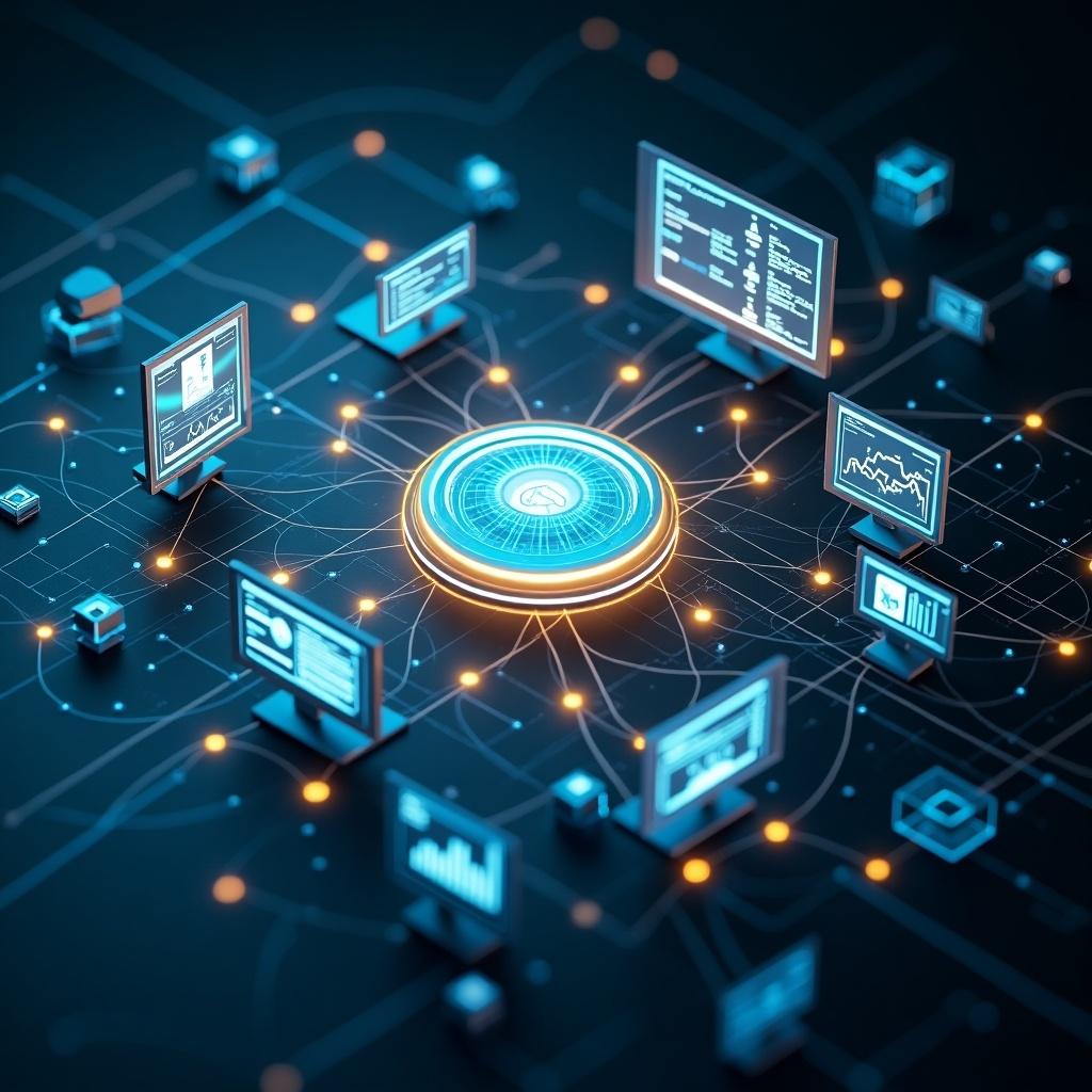 High angle shot of futuristic AI branding hub. Interconnected nodes and glowing digital lines. Central control interface displaying social media feeds and trend charts. Cool blues, teals, silvers, accented with bright orange and yellow. Soft light and dynamic lines indicate efficiency and content creation. Futuristic network background enhances concept of AI agents. Photorealistic with digital painting accents.