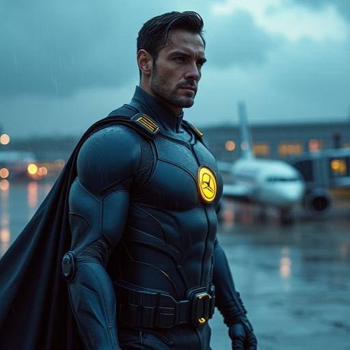 Stoic superhero based on Lufthansa stands on airport rooftop in Berlin. Dressed in matte steel-blue suit. Yellow accents and illuminated Lufthansa emblem on chest. Close-up of face in rain, then pulls back aerial pan. Storm clouds roll in, lightning flashes illuminate silhouette. Suit has turbine-like elements and boots resemble landing gear. Mood conveys power, dependability, industrial elegance. Visual style sleek, noir-toned with realistic lighting.