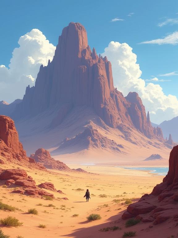 Wallpaper style image for medium sized phone. Desert mountain scene inspired by Studio Ghibli. No vegetation or animals. No people.