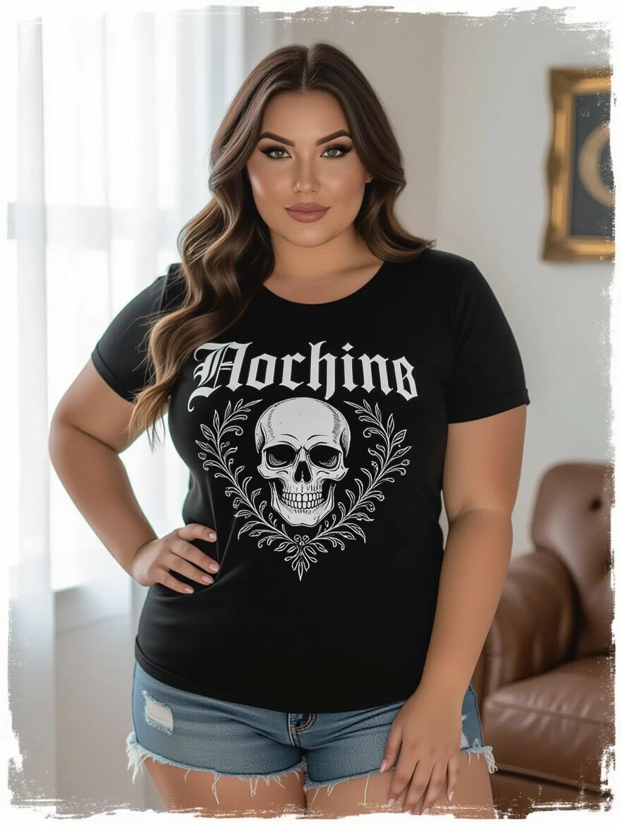 Confident plus-size model poses in gothic-inspired t-shirt. T-shirt features skull design. Soft natural light illuminates scene. Cozy atmosphere. Model has wide hips and hourglass figure.