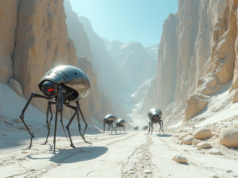 Image of biomechanical robot ants in a white desert setting. Dark cave tunnels and tall mountain canyon included. Bright sunny day under a blue sky. Show hard dry cracked ground. Focus on realism with cinematic qualities.
