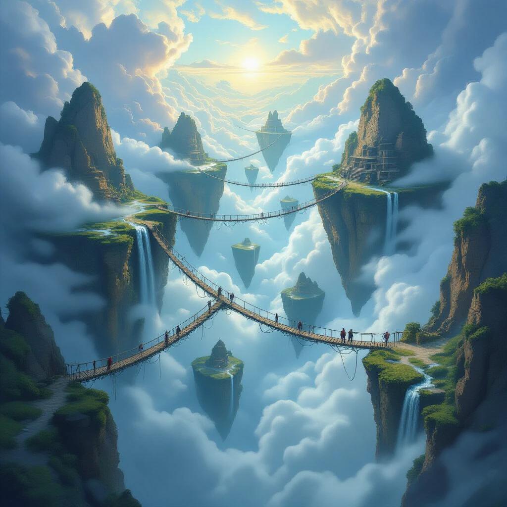 Fantastical artwork with floating islands connected by thin bridges. Massive rock formations in cloudy skies. Travelers cross precarious bridges. Islands with tilted angles. Waterfalls cascading into clouds. Storm clouds create drama with strong lighting contrasts. Fantasy realism with detailed clouds.