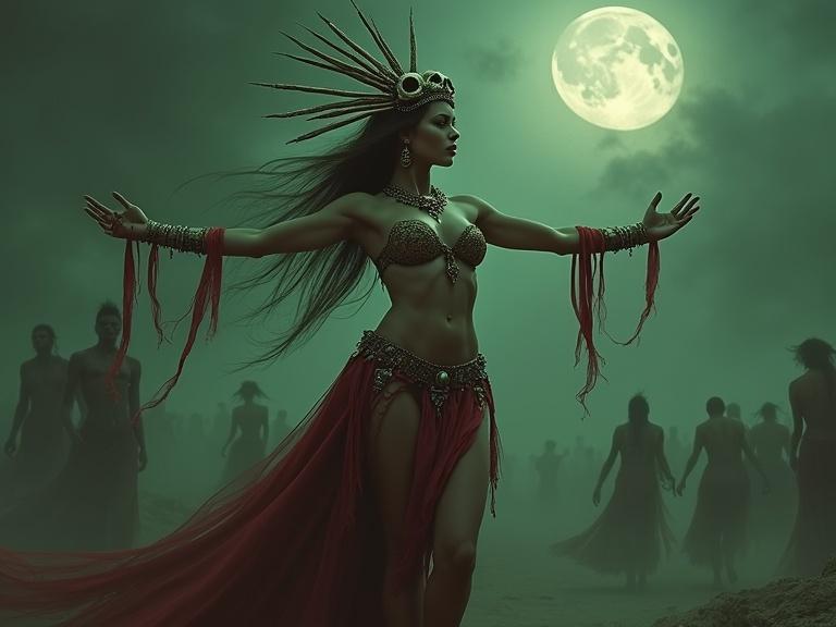 Dramatic scene of a dark sorceress casting a chaotic spell. She wears a headdress with skull and bones, extends arms in a misty environment. A full moon in the sky. Background contains dark human shapes in mist. Features intricate jewelry and tattered skirt.