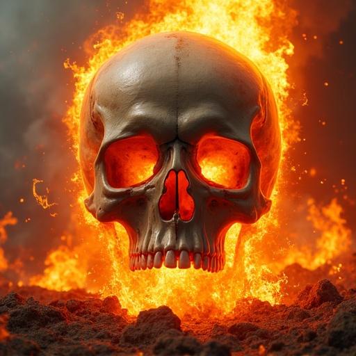 Photorealistic rendering of a skull amidst huge flames. Flames emerge from skull's eyes and mouth. Intense atmosphere of explosion.