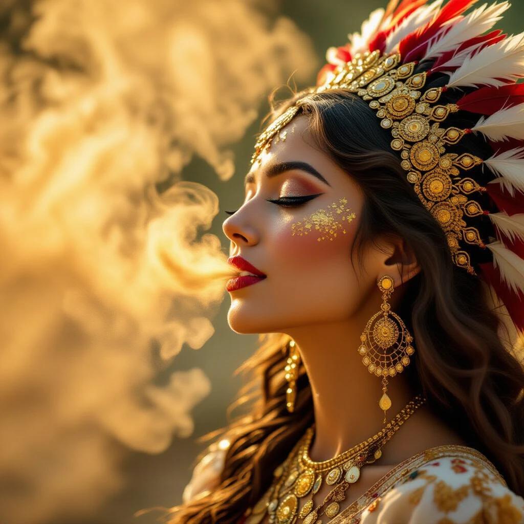 A woman exhaling golden dust through her nose with beautiful accessories. Warm golden light highlights her features.