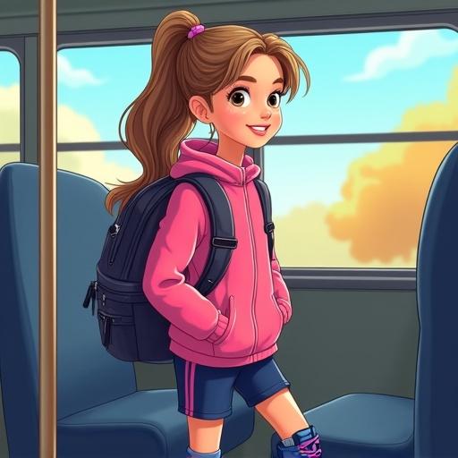 Cartoon girl with long hair wearing pink track-top and navy shorts standing on school bus. She carries a backpack. Bright cheerful scene.