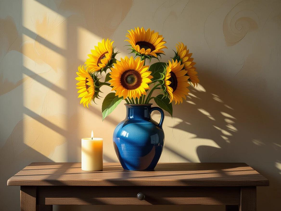 A still life arrangement with sunflowers. Sunflowers are arranged in a blue vase. A candle is placed on a rustic wooden table. The background shows a textured wall with swirling patterns. Candlelight creates beautiful shadows and highlights.