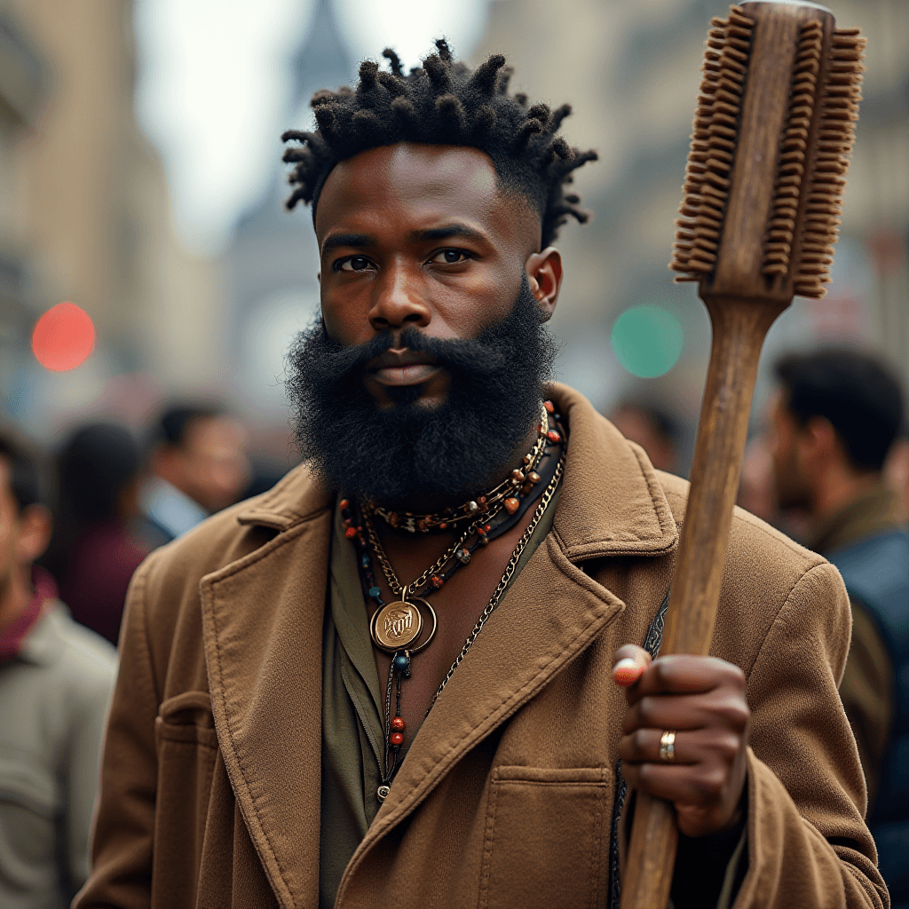 A man with a stylish beard and a unique hairstyle holds a wooden object, wearing layered necklaces and a brown coat in a busy street scene.