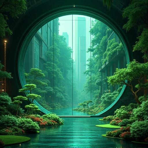 Anime inspired vision of a futuristic building with a black hole structure. Features a luxurious interior framework and oversized circular window. Garden is lush with emerald greenery. Setting is noon in a modern Shanghai environment.