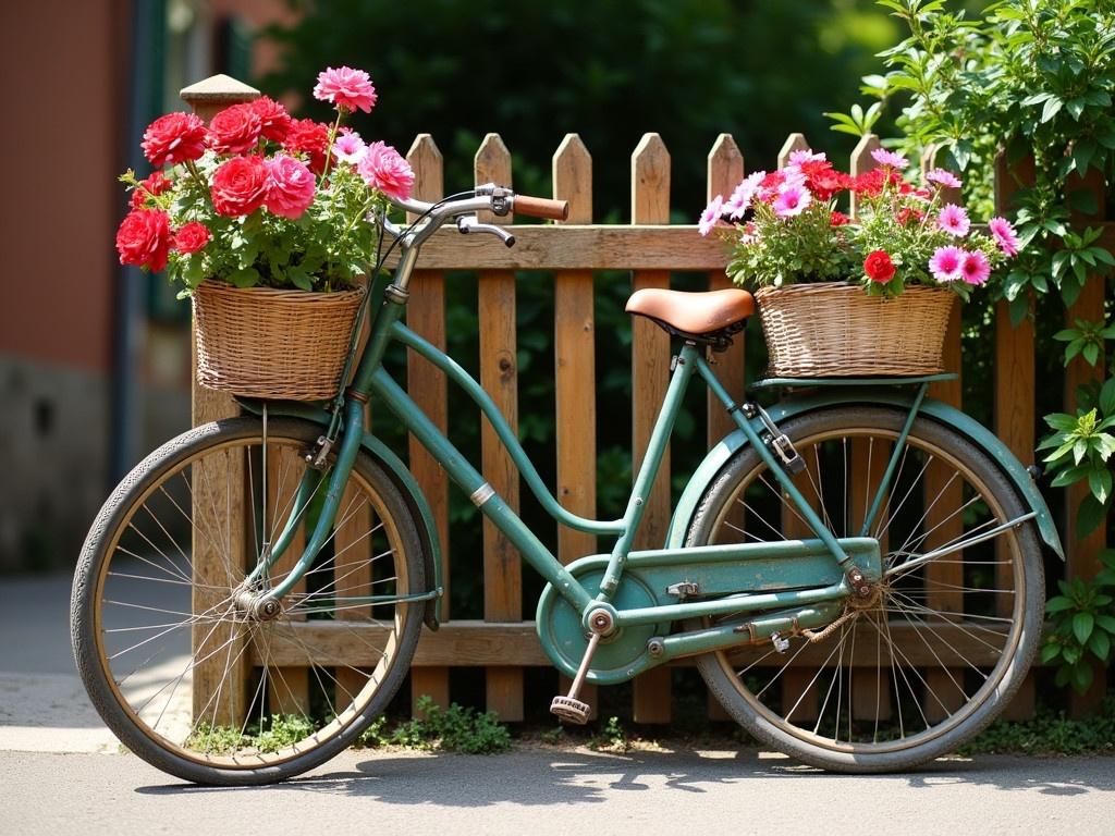 A vintage bicycle, aged but charming, is adorned with vibrant flowers on the side of a quaint street in a small village in Tuscany, Italy. The bicycle features a rich green color, with flower pots overflowing with red, pink, and white blossoms. Its wheels and frame embody a rustic charm, enhanced by delicate white flower patterns. The sunny atmosphere of the Tuscan village is reflected in the scene, with a wooden fence in the background providing a cozy, countryside feel. The flowers bring life and color, turning the bicycle into a beautiful piece of art in this picturesque setting.