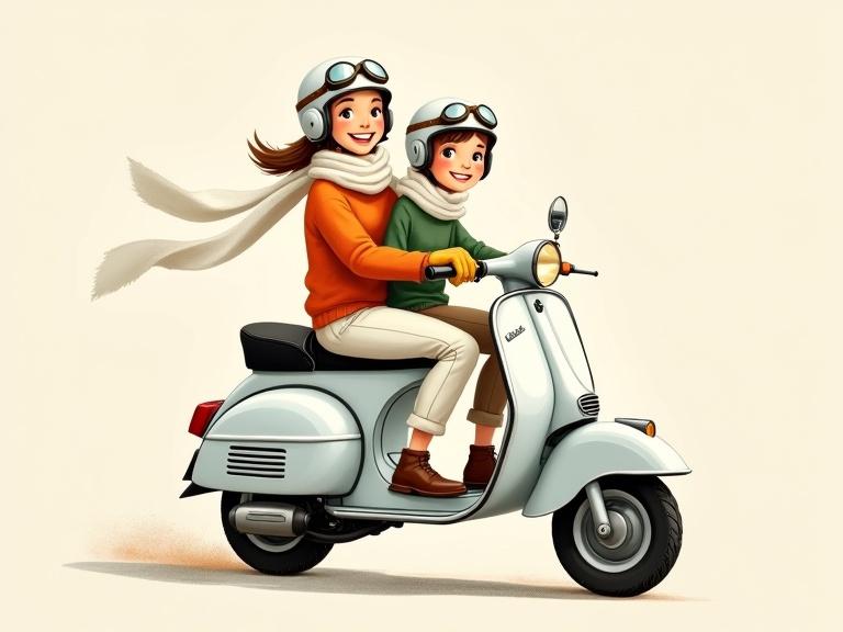 Two smiling people riding a vintage-style white scooter. Driver in orange-red sweater with white pants and gloves. Passenger in green sweater and brown pants. Both wearing white helmets and scarves. Scooter resembles a Vespa with a classic design. Soft pastel colors, thin black outlines. Hand-drawn illustration style. Minimal shading and textures. Slightly tilted perspective. Off-white background. Evokes nostalgic adventure feelings.