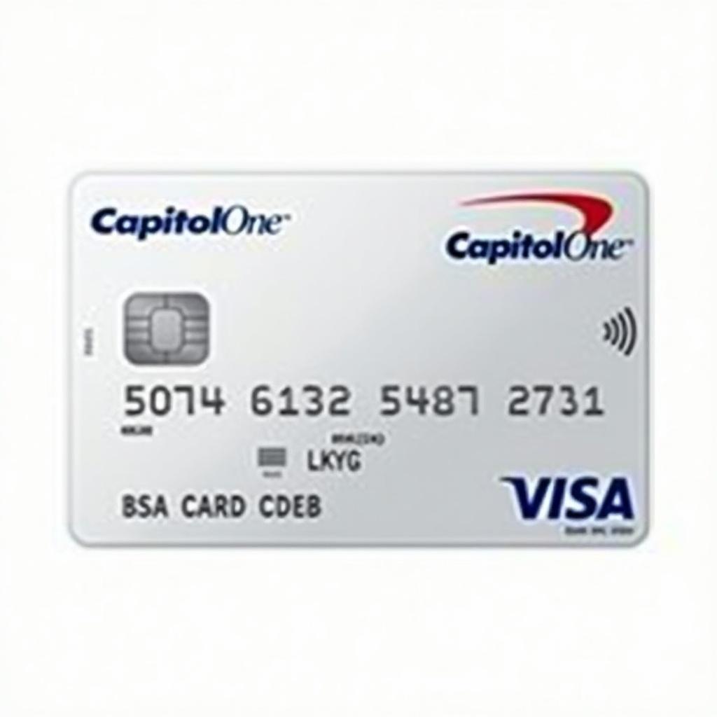 Visual representation of a Quicksilver credit card by Capitol One. The card is silver with a visible card number format and a VISA logo. Generic names and details are used for demonstration only.