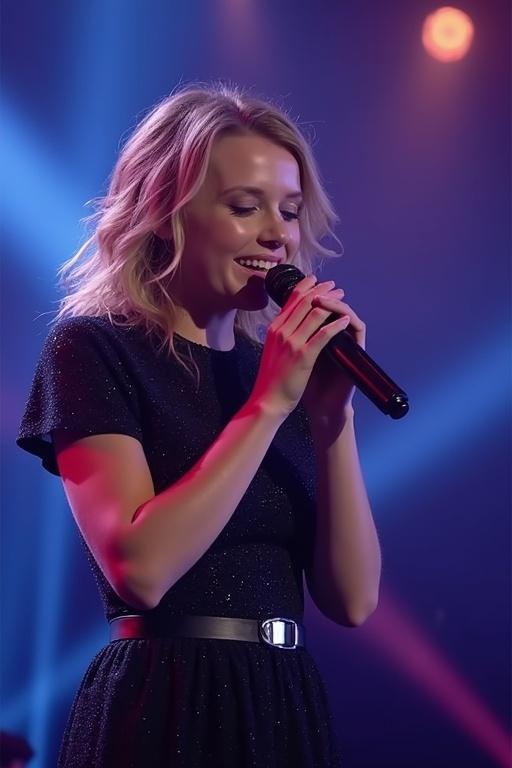 Singer performing on stage with a microphone. She appears to engage the audience with a heartfelt performance. The spotlight highlights her features against a colorful background of lights. Emphasis on emotion and connection in her expression.