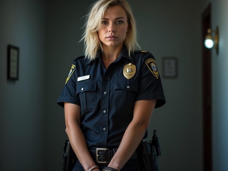 Blonde female officer in police uniform standing with a serious expression. Black and navy color scheme with a badge visible. Standing indoors with soft lighting.