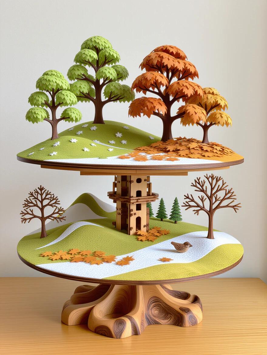A rotating wooden landscape diorama showcases the seasons. Hand-carved trees mechanically change leaves. Spring has delicate basswood leaves. Summer shows full canopies carved from single pieces. Autumn features removable maple leaves. Winter reveals bare branches with snow textures. The base is sculpted from burl with grain patterns. Traditional joinery connects mechanical elements. Hand tool marks are visible throughout. The diorama sits on a desk with traditional carving tools and real specimens. Changing lighting emphasizes the artistry.