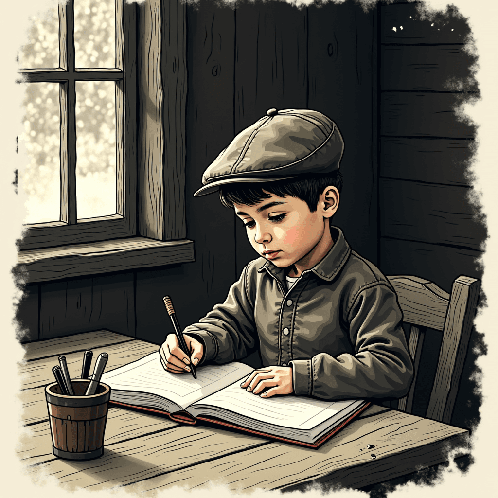 A young boy in vintage attire writes intently in a journal by a window.