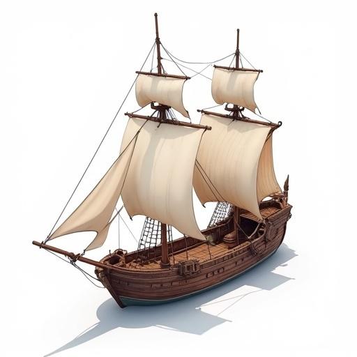 Illustration of a medieval ship in solid color. No scenery or background details. The design is vector style with a matte finish. Features a construction aesthetic with cel shading and clean lines. Set against a white background. Centered composition in a wide shot from an isometric perspective.