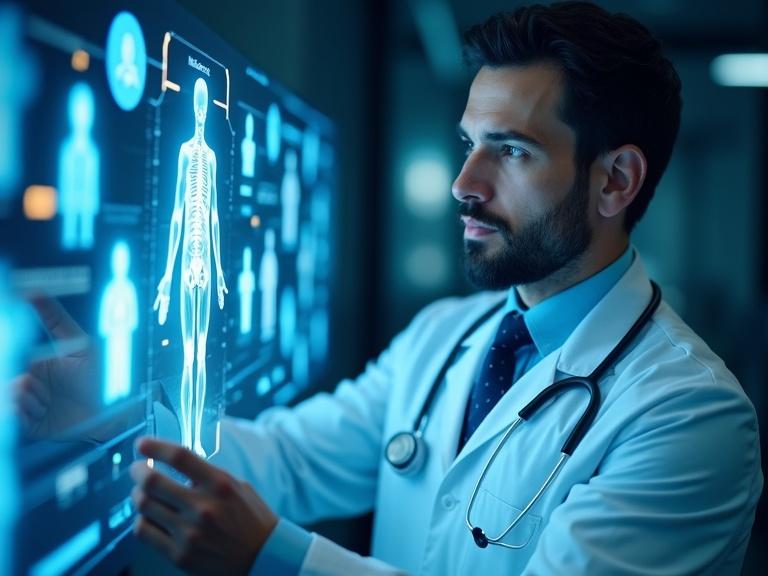 Medical professional interacts with holographic interfaces showing human anatomy. Focus on health symbols and technology. Soft blue tones create a futuristic feel.
