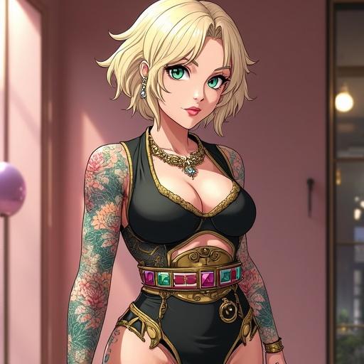 Anime character in a modern Burberry store. Woman with emerald green eyes and blonde hair. Wearing luxurious, edgy outfit with tattoos. Looks like a celebrity with cybernetic features.