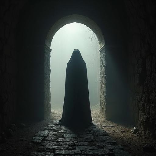 Silhouette of a hooded figure at the entrance of a tomb. Figure merges with shadows, suggesting an invisible watchful presence. An aura of mystery surrounds the form, hinting at an ancient protector.