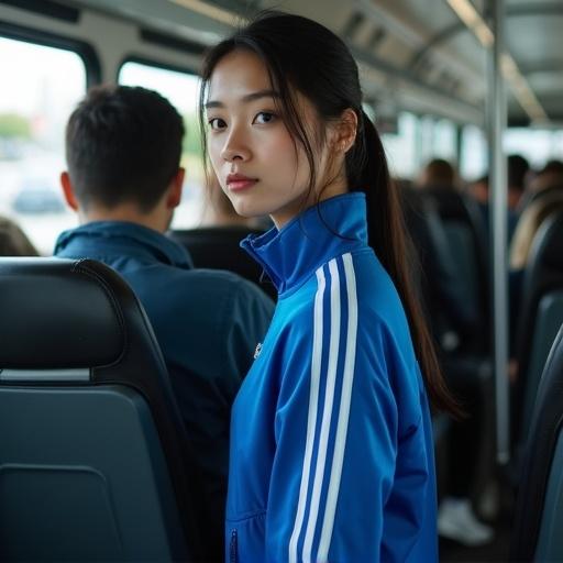 A young woman stands in a crowded bus. She has medium long black hair in a ponytail and wears a blue sports jacket with white stripes. The woman has pale skin and thin lips. She pairs her jacket with black sports trousers and white sports shoes.