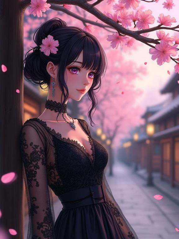 Highly detailed, cinematic illustration. Full-body elegant woman with dark violet hair and eyes. Leans against cherry blossom tree. Graceful and sophisticated. Kyoto's Philosopher's Path setting. Traditional machiya townhouses in background. Cherry blossoms fluttering in breeze. Warm lanterns create dreamlike ambiance. Balanced posture, serene expression. Black lace dress with floral patterns. Long flowing skirt and fitted waist. Tousled hair adorned with flowers. Velvet choker with pendant. Petals dancing around her. Represents harmony of tradition and modernity.