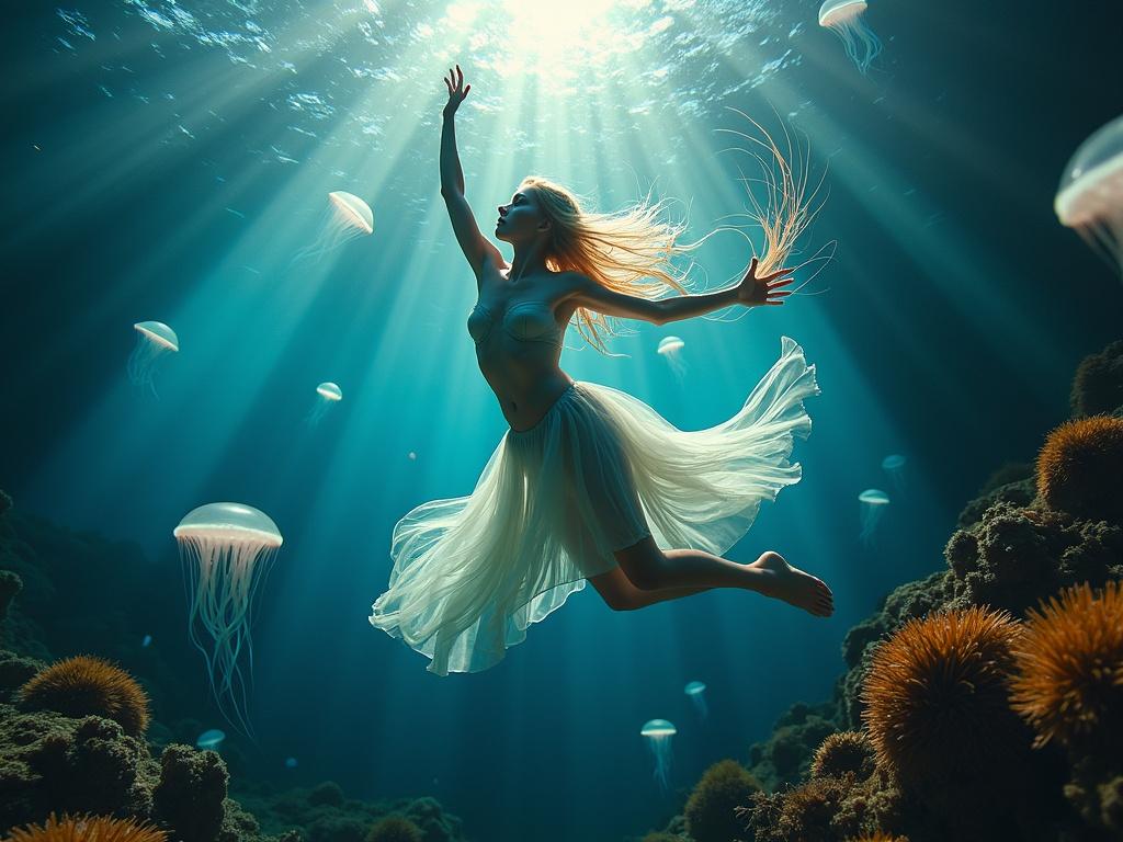 A girl with long blonde hair is floating underwater. She is wearing a flowing dress. Bright rays of sunlight pierce through the water surface. Surrounding her are glowing jellyfish. The scene conveys a peaceful and dreamlike mood.