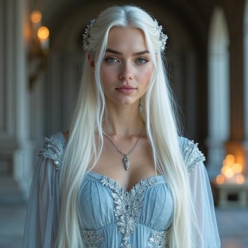 Masterpiece of an elegant woman. Long straight platinum blonde hair. Delicate icy crystal hair ornament. Porcelain-smooth pale skin. Serene clear blue eyes. Ethereal fantasy gown with icy fabrics. Grand candlelit dining hall backdrop. Soft magical lighting. Semi-realistic style. Age-appropriate artistic composition.