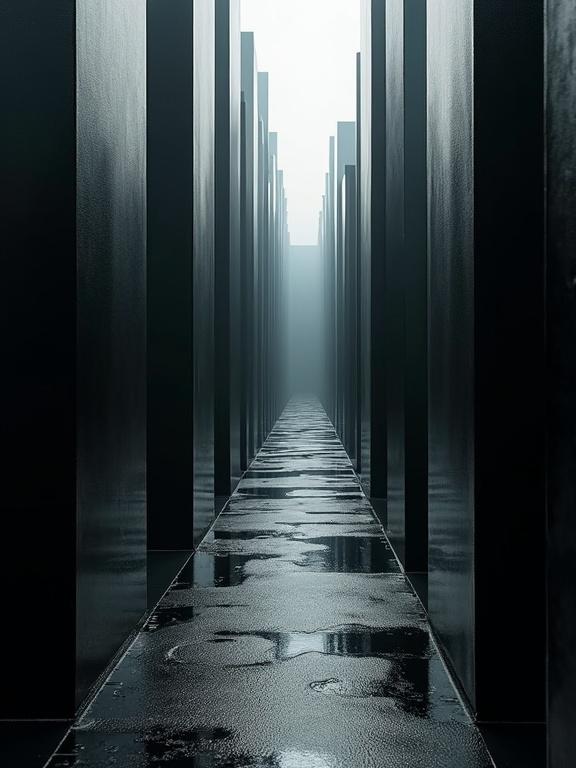 A digital abstraction resembling a void. Visually appears like film strips. Structures are made of glossy black plastic. Walls reflect light. Creates a cinematic and surreal ambiance.