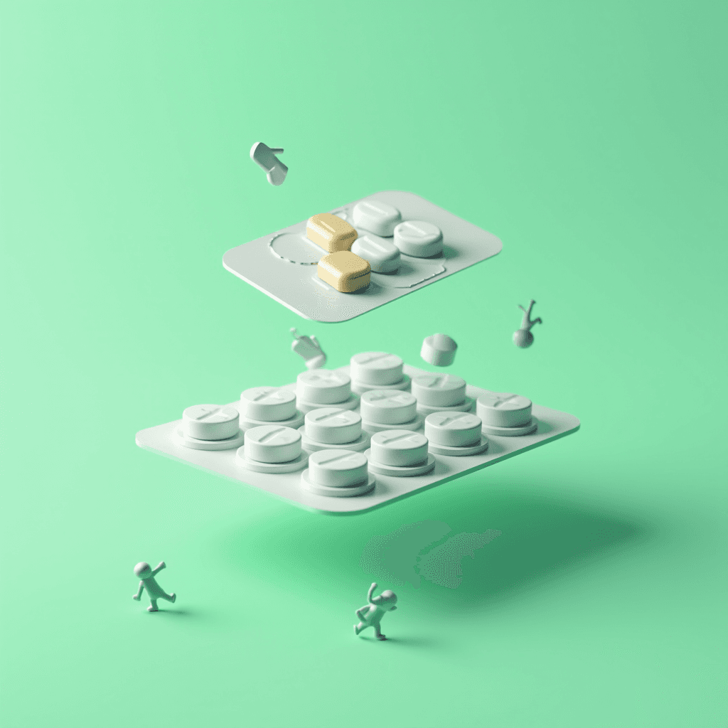 Floating blister packs of pills are surrounded by tiny jumping and running figures against a mint green background.