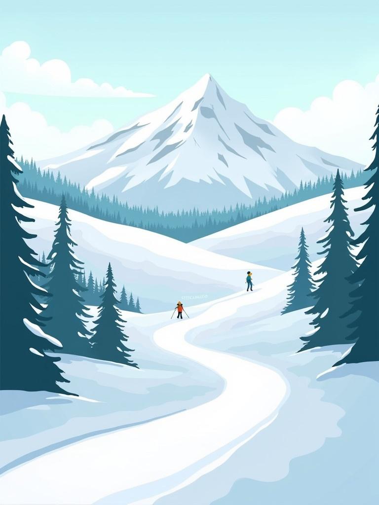 Winter scene illustration with snow-covered hills. Slopes ideal for skiing. Evergreen trees surround the landscape. A majestic mountain stands in the back. The atmosphere is bright and inviting.