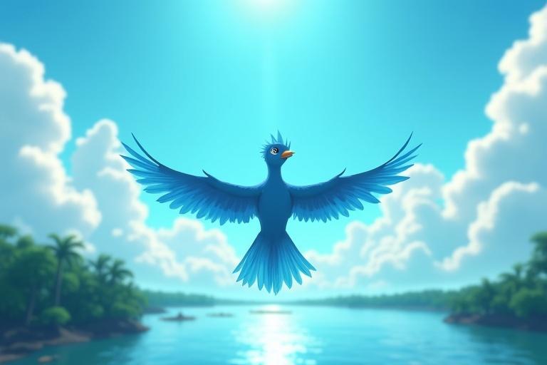 A 3D illustration of a bird in flight over a blue sky and the Sundarbans. Bright blue feathers glint in sunlight. The bird's expressive eyes show longing for freedom. Hyper-detailed mangroves and rivers are visible below. The setting is bright and hopeful.
