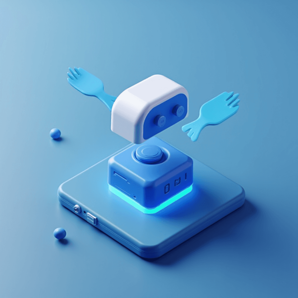 A playful 3D illustration of a cute, floating robot with fork-like arms above a futuristic device.