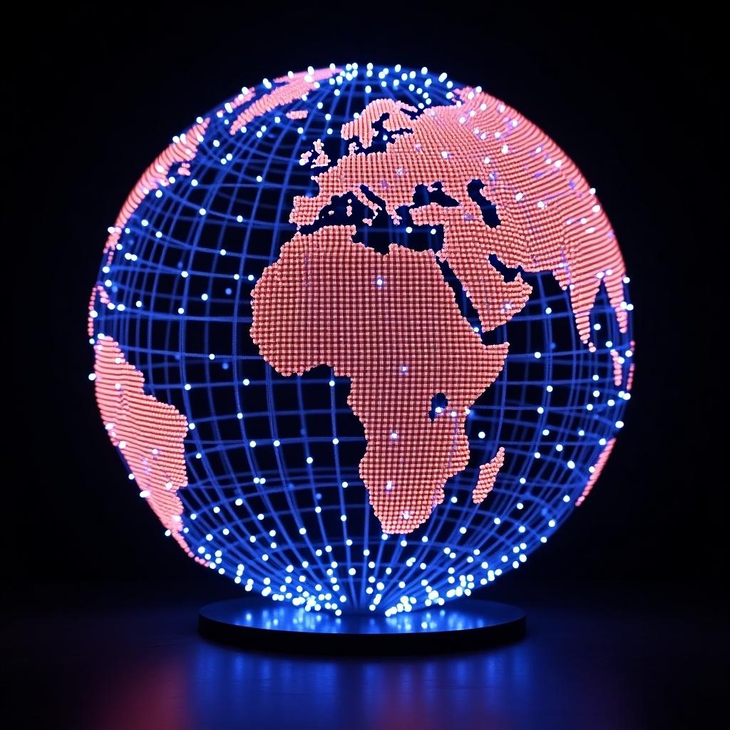 A vibrant image of interconnected LED displays forming a globe. The globe is illuminated with blue lights. The map shows the continent of Africa in red. Designed for enhancement of modern technology themes.