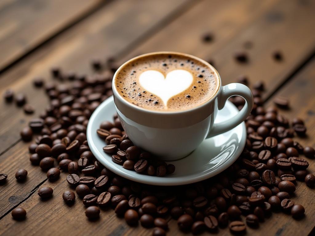 A coffee cup and saucer are placed on a wooden table. The cup is filled with rich, dark coffee, and there is foam on the surface shaped like a heart. Surrounding the cup, coffee beans spill onto the table, creating an inviting atmosphere. The wood grain of the table adds a rustic touch to the scene. The overall composition highlights warmth and the love for coffee.